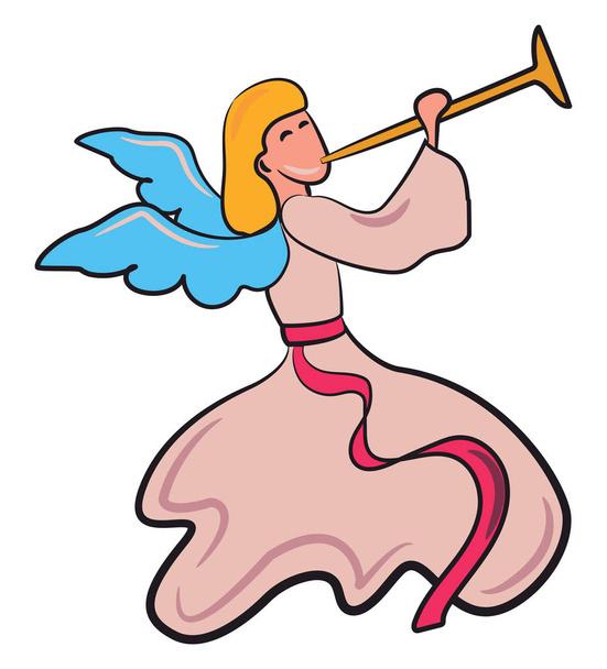 Ângulo em vestido rosa soprando vetor de trompete ou ilustração de cor
 - Vetor, Imagem