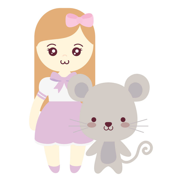 cute and little mouse with girl - Vector, Image