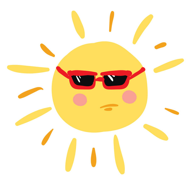 Angry sun with red glasses, vector color illustration. - Vettoriali, immagini