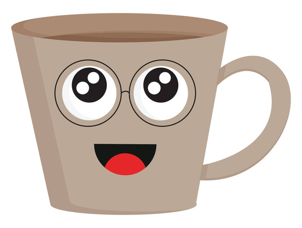 Light brown smiling coffee cup with eye glasses vector illustrat - Vector, afbeelding