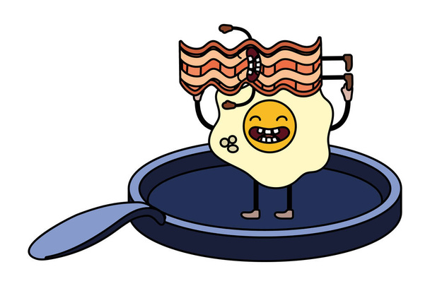 おいしいおいしい可愛い食品卵ベーコン漫画ベクトル イラスト グラフィック デザインとフライパンで - ベクター画像