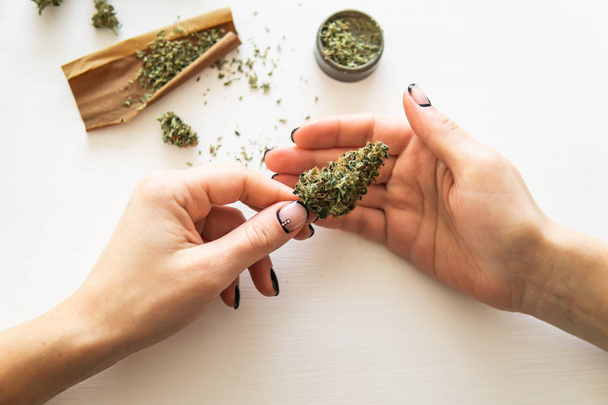 Woman rolling a cannabis blunt on white background. Woman preparing and rolling marijuana cannabis joint. Close up of marijuana blunt with grinder. marijuana use concept. - Fotó, kép