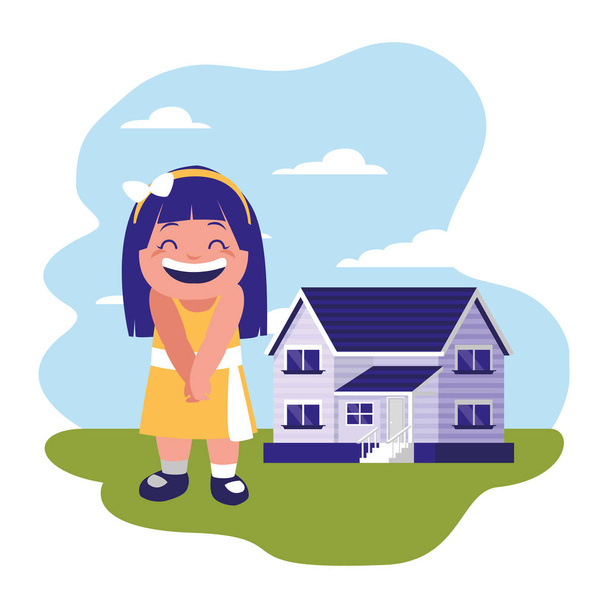 sorridente ragazza in piedi vicino a casa
 - Vettoriali, immagini