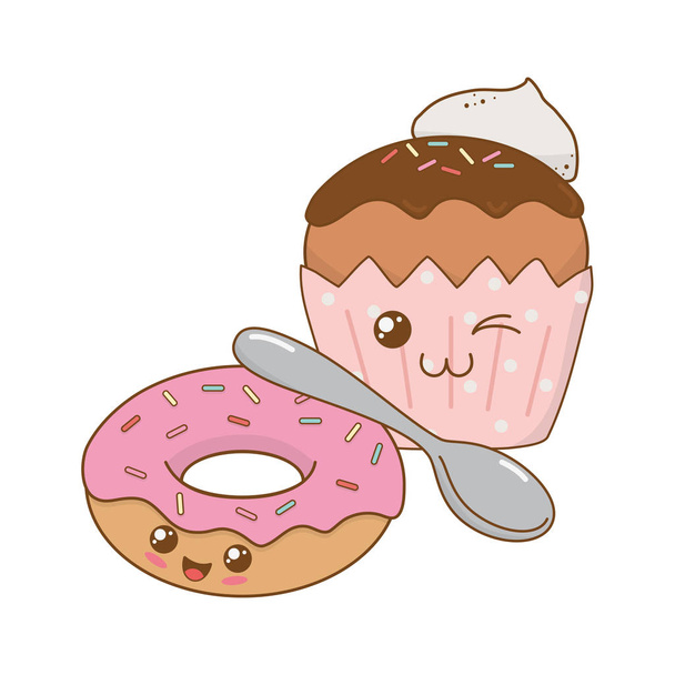 deliciosos donuts doces com cupcake kawaii personagens design de ilustração vetorial
 - Vetor, Imagem