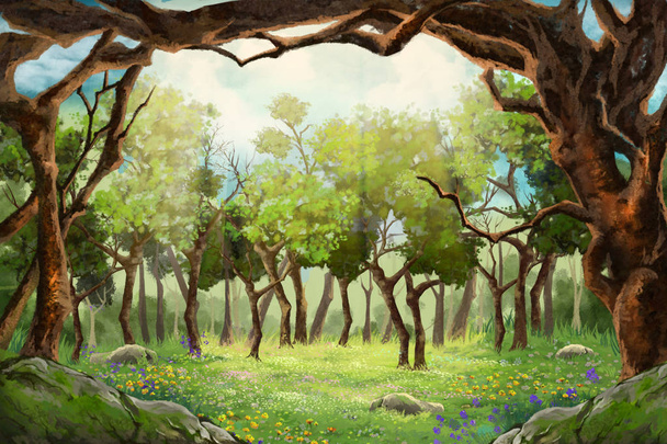 Small Flower Field inside the Clearing of Forest. Video Games Digital CG Artwork, Concept Illustration, Realistic Cartoon Style Background - Photo, Image