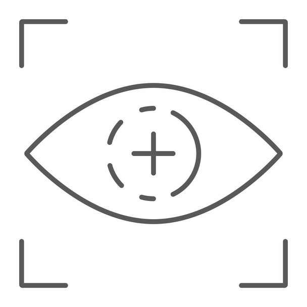 Icono de línea delgada de exploración ocular, acceso e identificación, signo de exploración de retina, gráficos vectoriales, un patrón lineal sobre un fondo blanco
. - Vector, Imagen