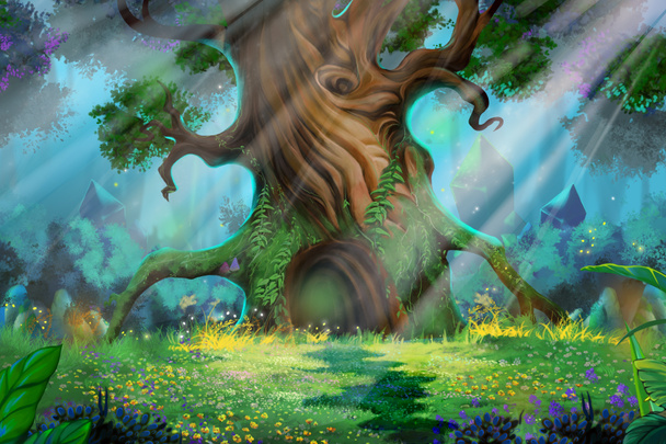 grüner Wald mit tiefem Gras, großem Baum und magischen Blumen. realistische Szene im Cartoon-Stil, Tapete, Hintergrunddesign. Illustration - Foto, Bild