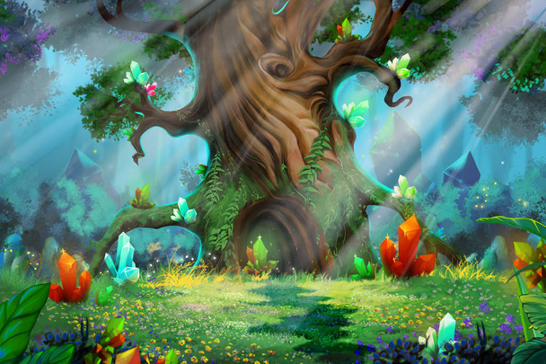 Vihreä metsä syvä ruoho, iso puu ja maagisia kukkia. Realistinen sarjakuva tyyli kohtaus, Taustakuva, Taustaa suunnittelu. Esimerkki:
 - Valokuva, kuva