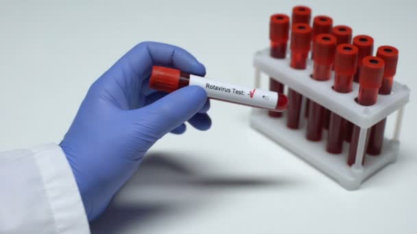 Negative Rotavirus test, doctor showing blood sample in tube, health checkup - Filmagem, Vídeo