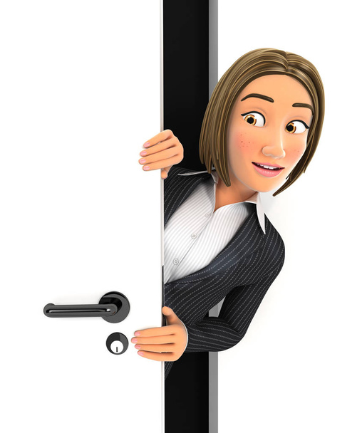 3d liiketoiminnan nainen kurkistaa oven takana
 - Valokuva, kuva