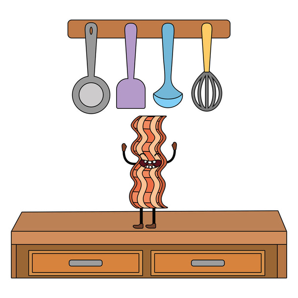 delicioso sabroso tocino kawaii en la cocina vector de dibujos animados ilustración diseño gráfico
 - Vector, Imagen