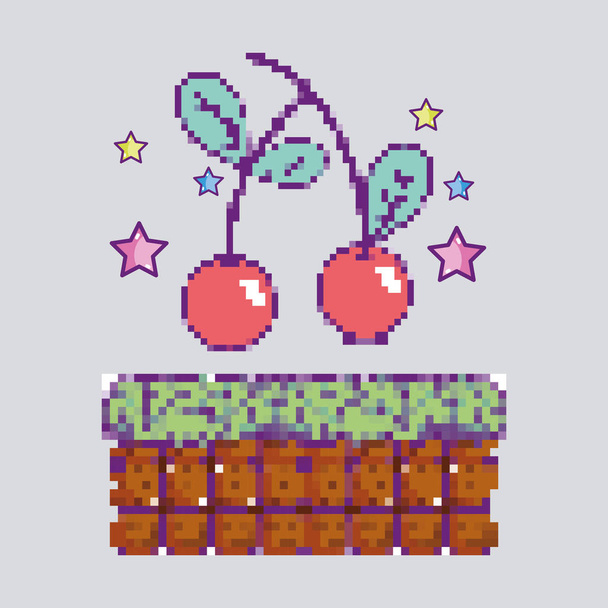 Pixelated cherries videogames item vector illustration graphic design - Vector, Image