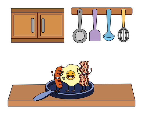 heerlijke smakelijke kawaii voedsel ei over koekepan met worst en spek op keuken cartoon vector illustratie grafisch ontwerp - Vector, afbeelding