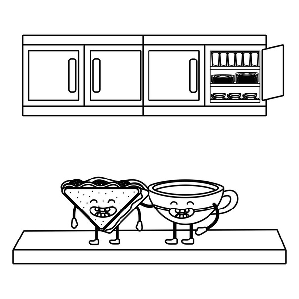 キッチン漫画ベクトル イラスト グラフィック デザインで温かい飲み物とおいしいおいしい可愛いサンドイッチ - ベクター画像