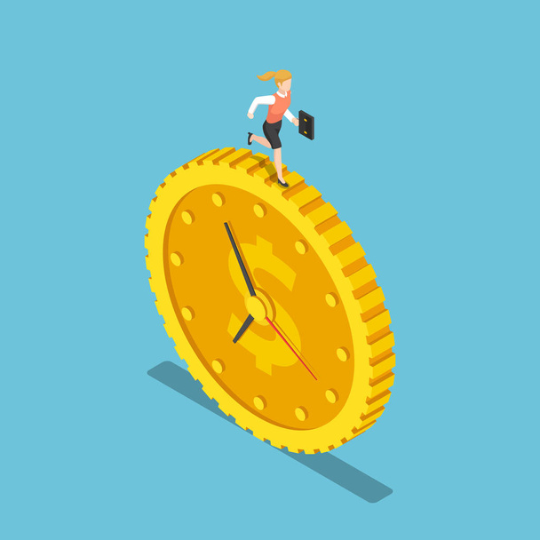 Isometric business woman is running on the dollar coin clock - Vector, Image