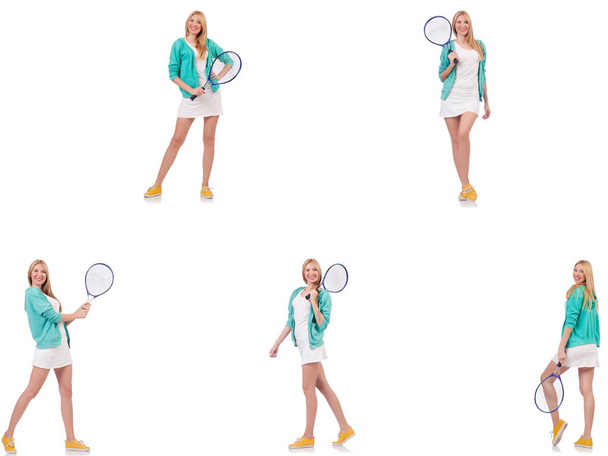 Jovem bela senhora jogando tênis isolado no branco
 - Foto, Imagem