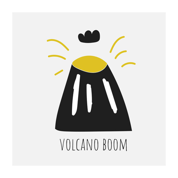 Graziosa illustrazione disegnata a mano vulcano boom. Cartolina, cartolina, poster, sfondo con montagna, nuvola di fumo, lava
 - Vettoriali, immagini