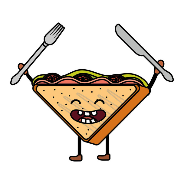 köstliches Kawaii-Sandwich mit Gabel und Messer Cartoon-Vektor-Illustration Grafik-Design - Vektor, Bild