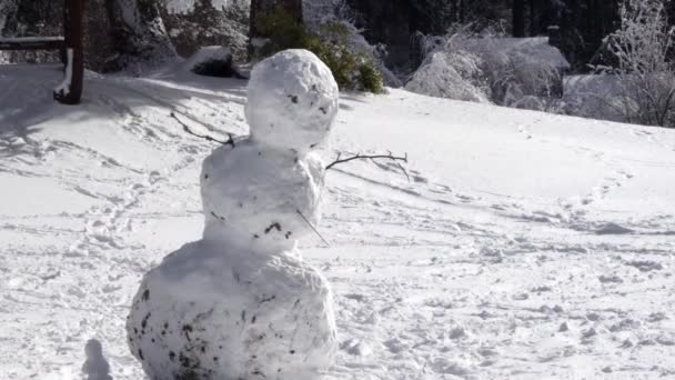 schiefer Schneemann lehnt sich zur Seite, als die Sonne auf den verschneiten Park scheint - Filmmaterial, Video