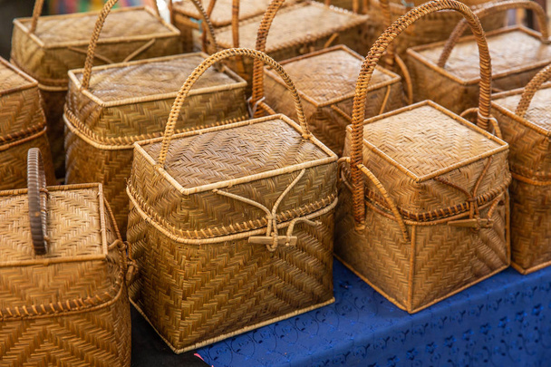 Handcraft bamboo rattan strip wicker hand bag hand made product of OTOP in Thailand. - Photo, Image