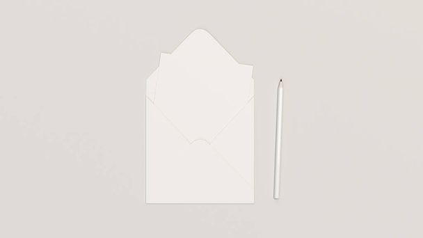 Mockup of greeting card in square envelope with pencil - Zdjęcie, obraz