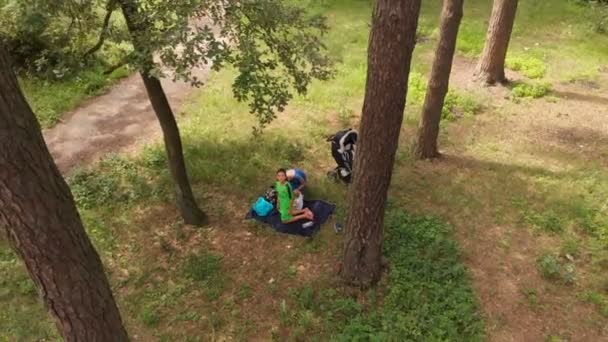 junge Familie, die sich an einem sonnigen Tag im Slo-mo auf einer Bettdecke im Wald ausruhen - Filmmaterial, Video