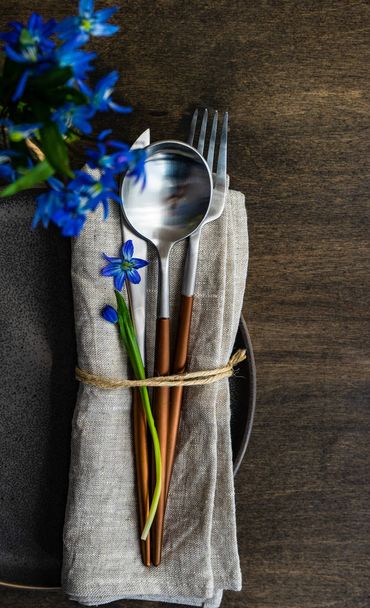 Spring table setting with blue scilla siberica - Photo, Image