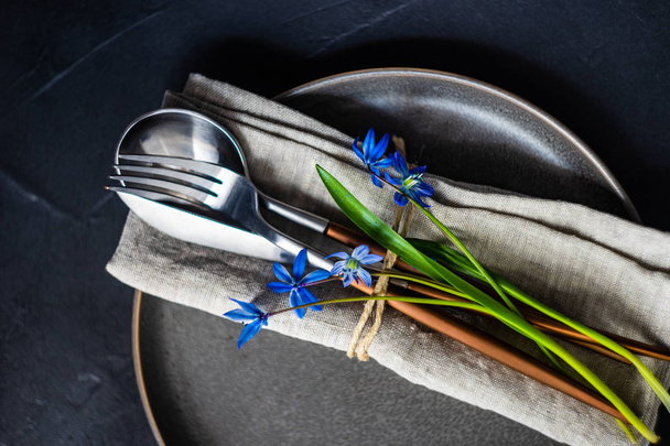 Spring table setting with blue scilla siberica - Zdjęcie, obraz