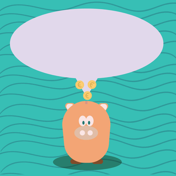 Illustratie van de tekstballon lege ovaal kleur met gouden euromunten op zijn staart wijzen Pastel tint Piggy Bank. Creatieve achtergrond idee voor Saving Tips en financiële aangelegenheden. - Vector, afbeelding