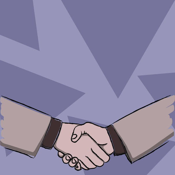 Illustration de deux hommes d'affaires serrant fermement la main comme geste de salutation, d'accueil, de transaction conclue ou d'accord. Contexte créatif Idée de reconnaissance et de négociation
. - Vecteur, image
