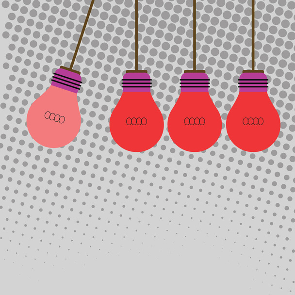別の陰で 1 つ電球と一緒にカラフルな白熱灯ペンダント電球のイラスト。リーダーシップ、多様性、事業戦略、ポスターのための創造的な背景アイデア. - ベクター画像