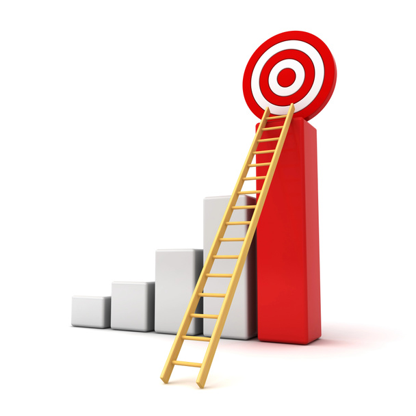 Conceito de alvo de negócios, gráfico de negócios 3d com escada de madeira para o alvo vermelho isolado sobre branco
 - Foto, Imagem