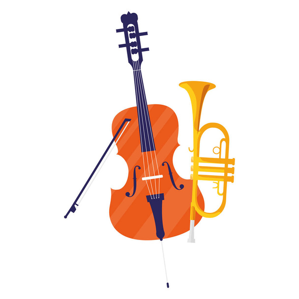 muzikale instrumenten van de viool en trompet - Vector, afbeelding