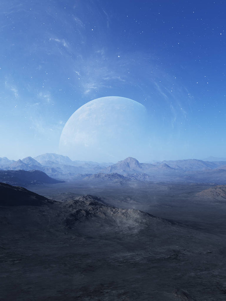 3d renderizado Arte Espacial: Planeta Extraterrestre - Un Paisaje de Fantasía con cielos azules y estrellas - Foto, imagen