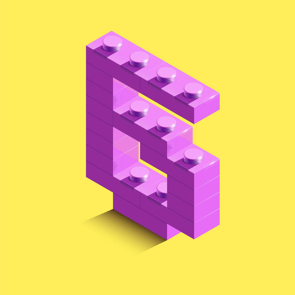 3d isometrische rosa Zahl sechs aus Legosteinen auf gelbem Hintergrund. 3D-Zahl aus Legosteinen. Realistische Zahl - Vektor, Bild