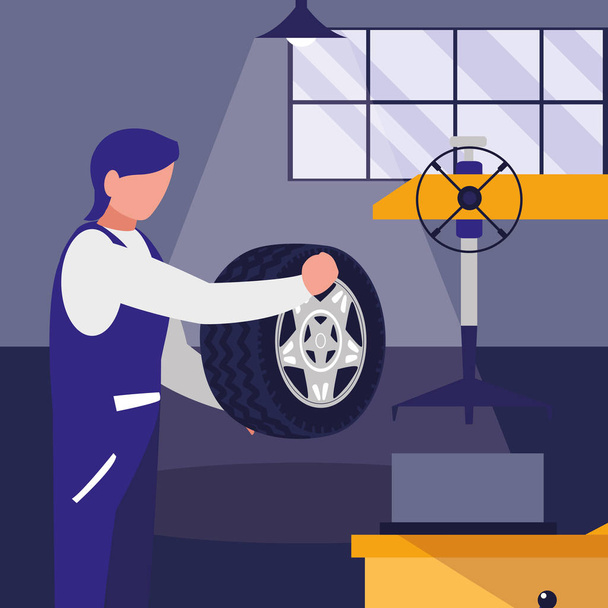 mechanic worker with tire changer machine - Vector, Image