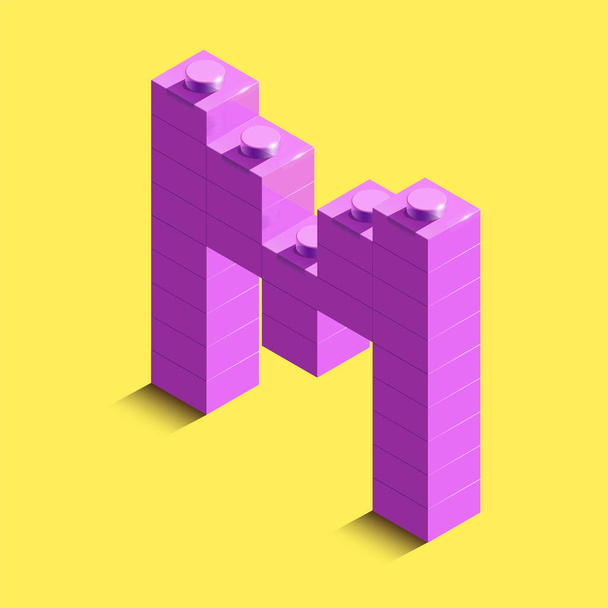 realistische rosa 3D isometrische Buchstabe m des Alphabets aus Konstrukteuren Legosteinen. rosa 3D isometrischer Plastikbuchstabe aus den Lego-Bausteinen. Legobuchstaben. 3D-Buchstaben - Vektor, Bild