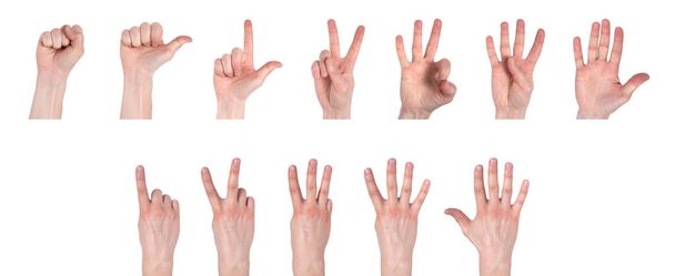 Mãos masculinas contando de zero a cinco isoladas em backgrou branco
 - Foto, Imagem