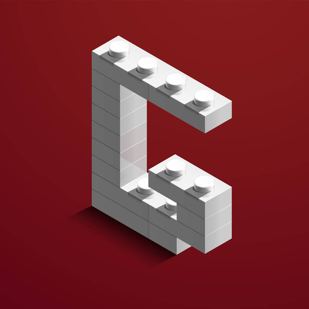 Реалистичная белая 3d изометрическая буква G алфавита от конструктора лего кирпича. Белый трехмерный изометрический пластик из строительных блоков лего. Письма от Лего. 3d буквы. 3D дизайн
 - Вектор,изображение