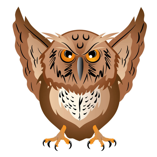 Wise owl with the big head, a sharp beak and predatory claws. - Vetor, Imagem