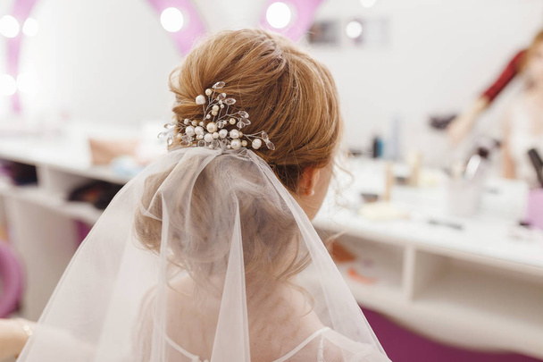 Wedding hairstyle with veil rear view - Photo, Image