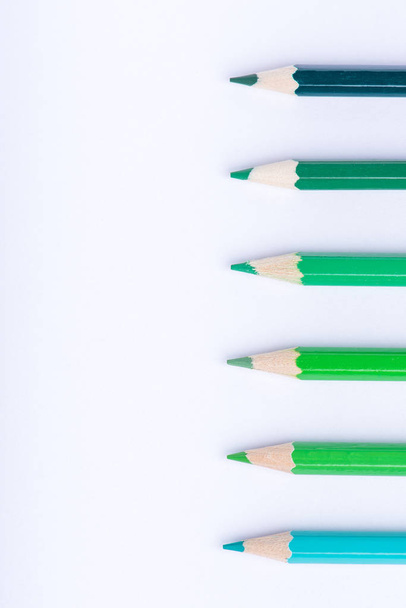 Macro photograph of several pencils of green color on a white ba - Foto, Bild