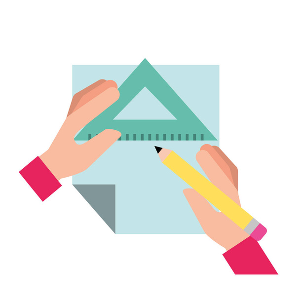 diseño gráfico manos con lápiz regla triángulo y papel
 - Vector, Imagen