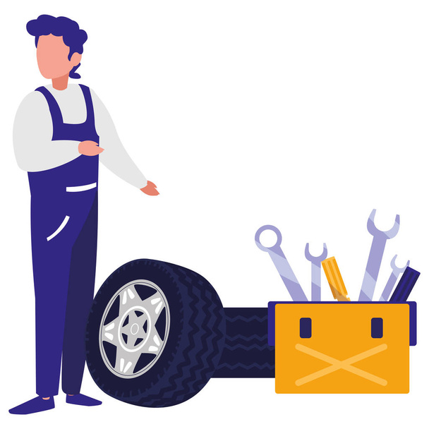 mechanic worker with tire car and toolbox - Vector, Image