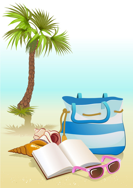 Sommerurlaub am Meer mit Palme, Tasche, Sonnenbrille - Vektor, Bild