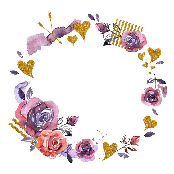 Watercolor hand painted frame with purple roses and gold hearts - Photo, Image