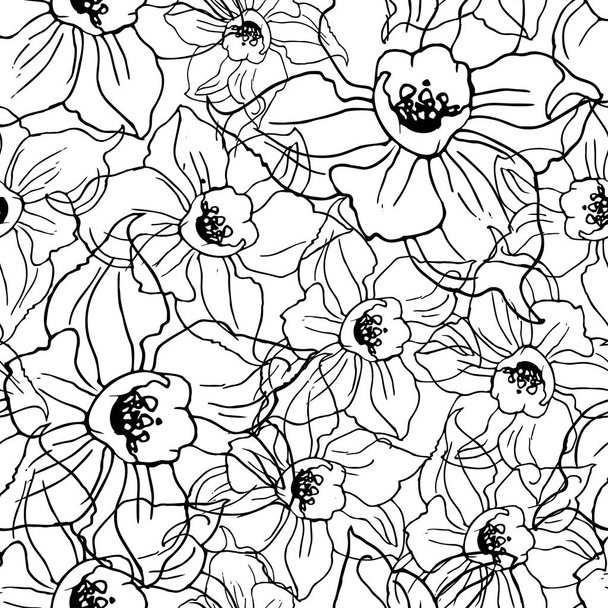 Контурный цветочный бесшовный узор с рисунком цветов на белом
 - Вектор,изображение