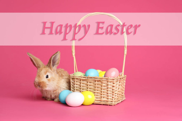 Adorable furry bunny near wicker basket with dyed eggs and text Happy Easter on color background - Photo, image