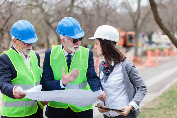 Mixed group of architects and business partners discussing project details on a construction site - Photo, Image