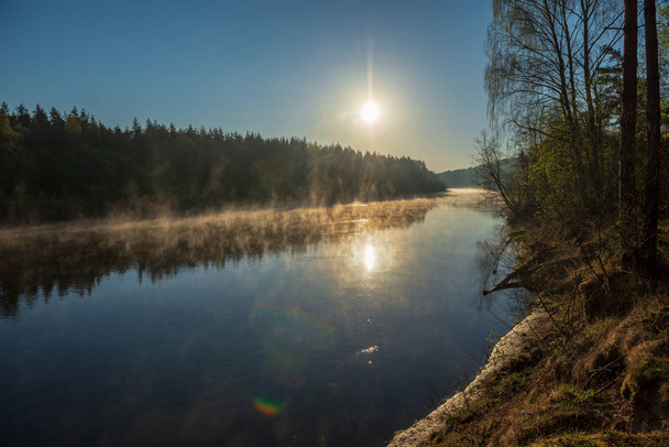 beautiful misty morning on the natural forest river Gauja in Lat - Photo, Image